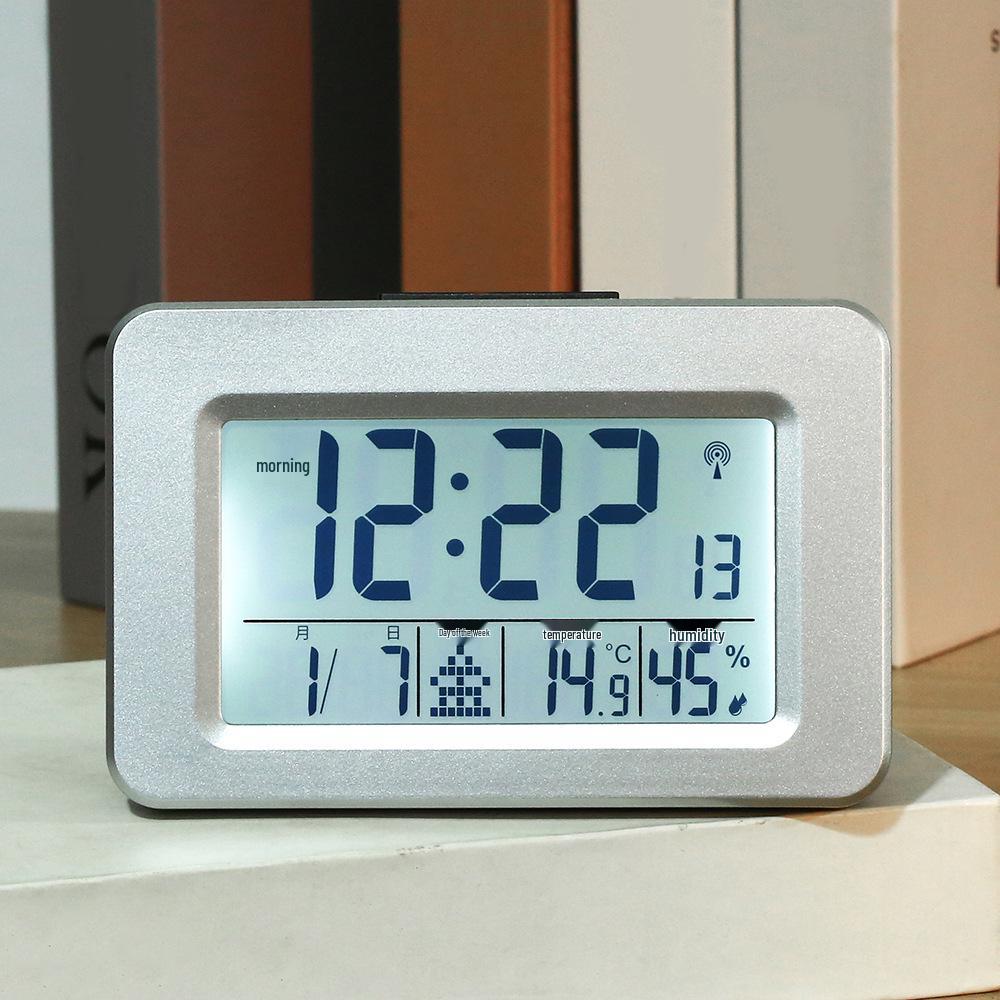 Japanese & German Radio Wave Silent Desktop Alarm Clock with LCD Display and Automatic Time Sync