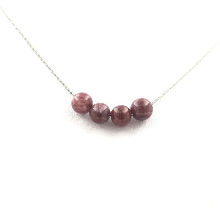 Stones and Minerals. Necklace 4 Lepidolite Beads 8 Mm Stainless Steel Chain.