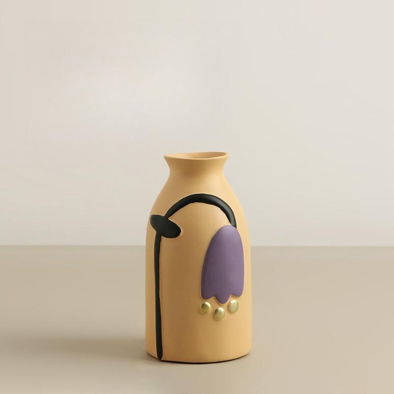Handmade Art Deco Ceramic Tabletop Vase Creative Painted Flower Design Scratch Resistant Eco-Friendly Decorative Arrangement for
