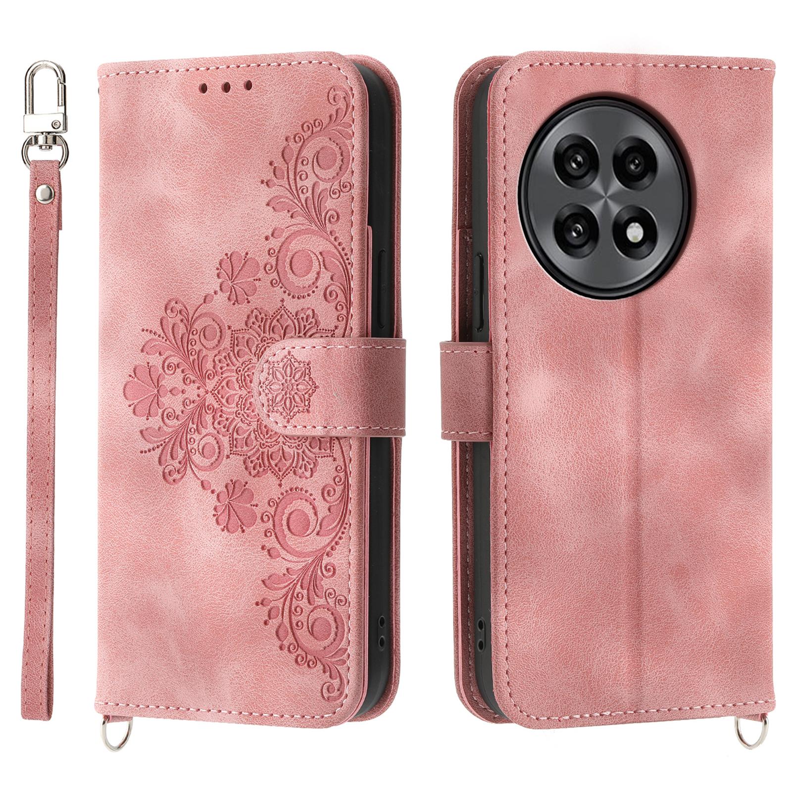 

For OnePlus 13R 5G Case Flower Pattern PU Leather Wallet Phone Cover with Strap Pink
