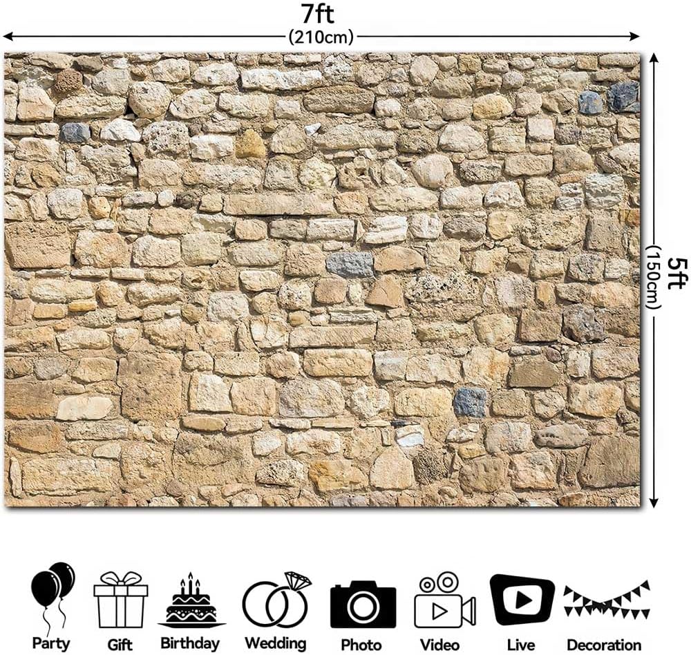 7x5FT Polyester Light Brown Rock Wall Backdrop Brick Stone Rustic Photography Background Supplies for Vintage Birthday Party Newborn Ph