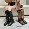 [Ruodan] Thick-soled British Style Belt Buckle Medium Tube Stack Boots Knight Boots Women's Retro Round Head Boots Women's