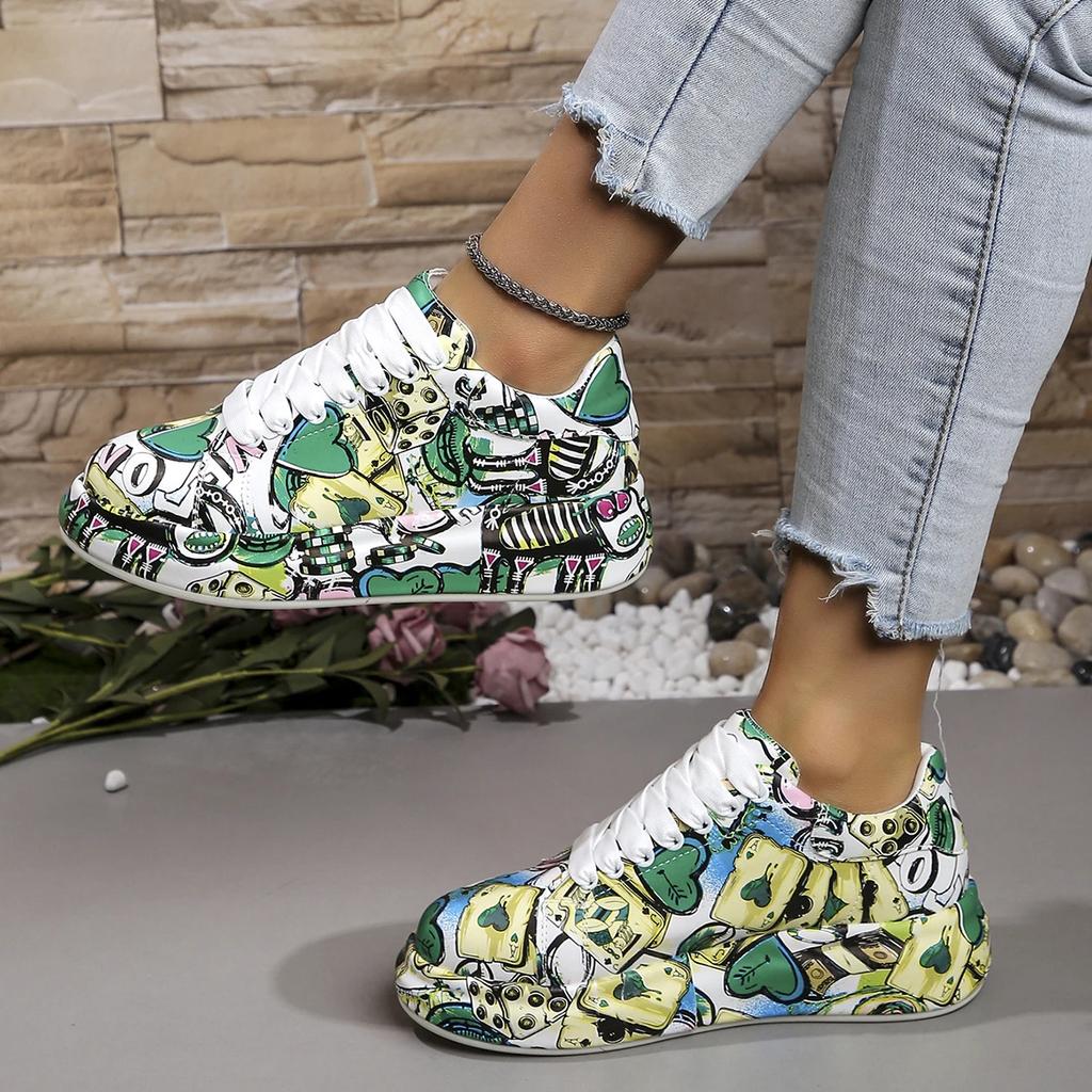 Women's Casual Sneakers Fashion New Painted Graffiti Lace Up Sports Shoes for Women Flat Pu Leather Ladies Running Shoes
