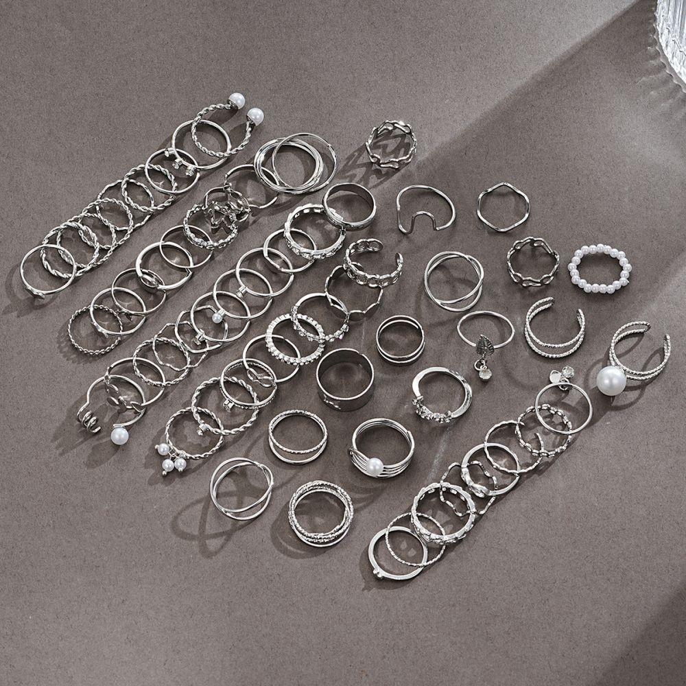 64Pcs/set Fashion Butterfly Heart Leaves Ring Set Crystal  Artificial Pearls Silver Rings for Women Jewelry Accessories