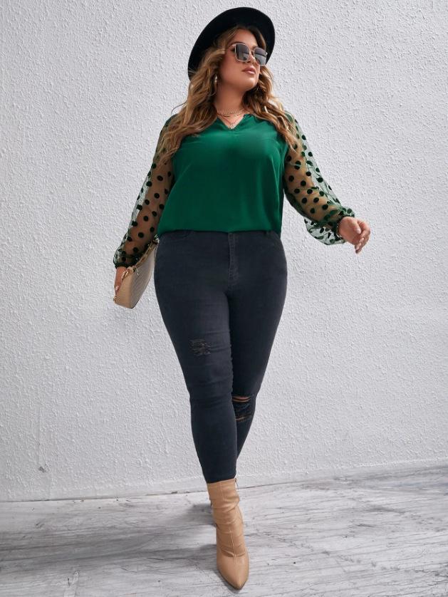 Plus Size Women's Mesh Patchwork Long Sleeve Solid Color Shirt