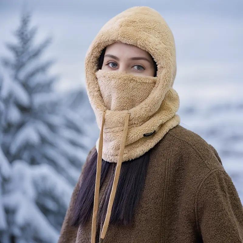 Fibră de Poliester Elastică Femei Căciulă Groasă de Pluș de Iarnă Mască și Fular Integrate Rezistente la Vânt Măiestrie Tricotată Fără Pene