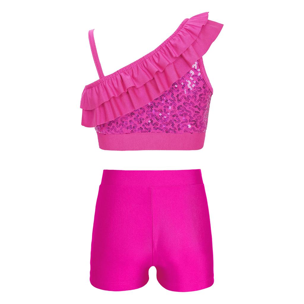Dívčí Sequin Crop Top Set Asymetrické volánkové ramínka V-výstřih v přední části Pasové šortky Tanec Soutěž