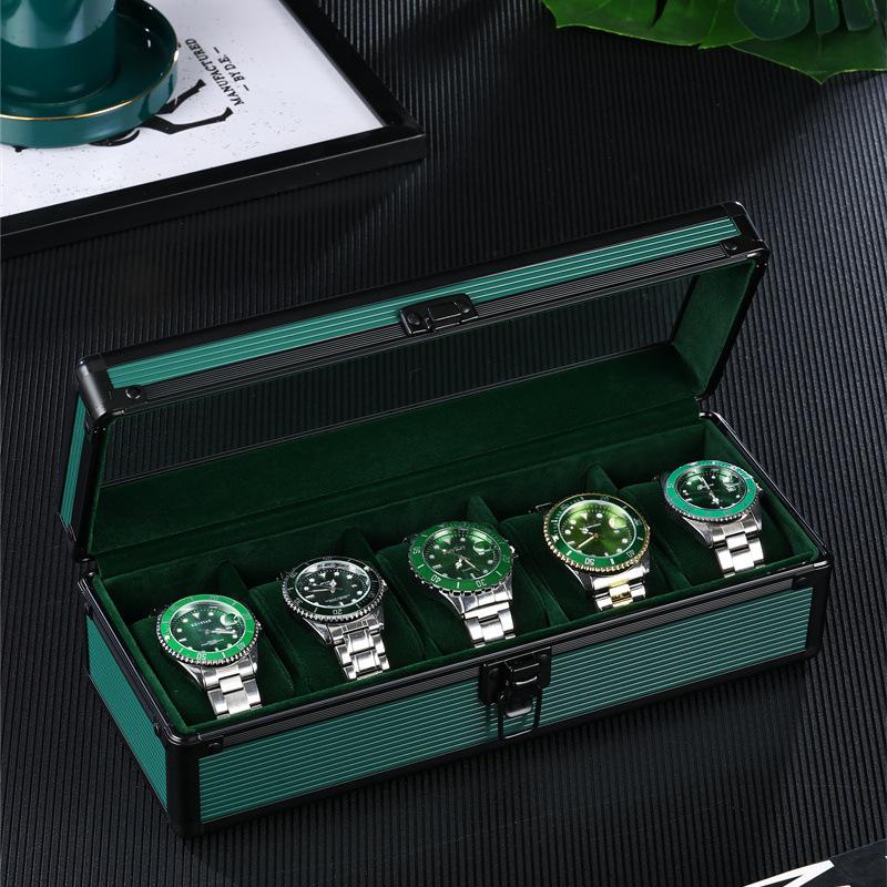 Aluminum Alloy Watch Box with Transparent Lid, 5 Slots, Multiple Colors