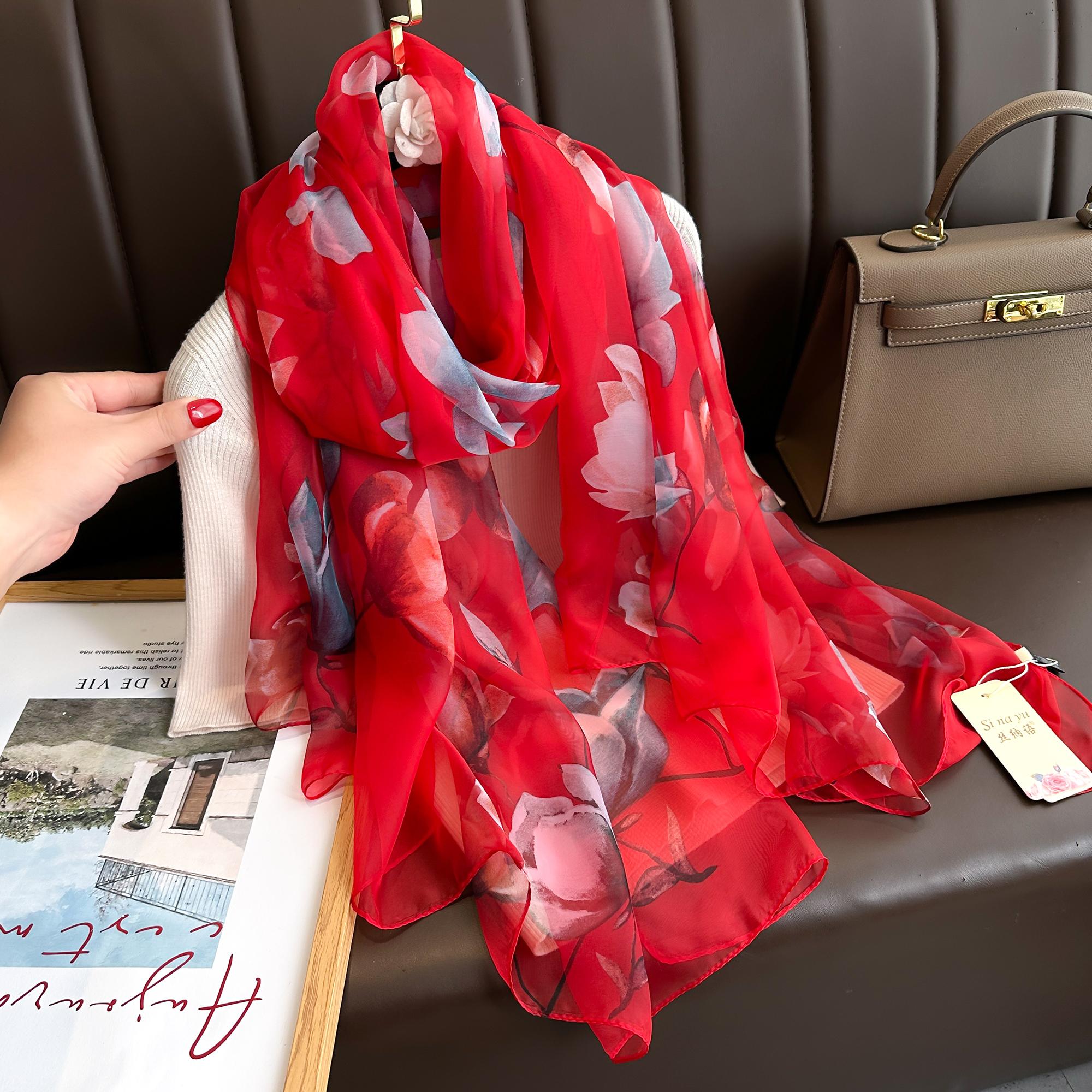 Modischer Seidenschal Damen Foulard Dünne Stolen Strand Reise Tippet Floral Langer Schleier Schal Luxusschals Weiche Premium Pareos red