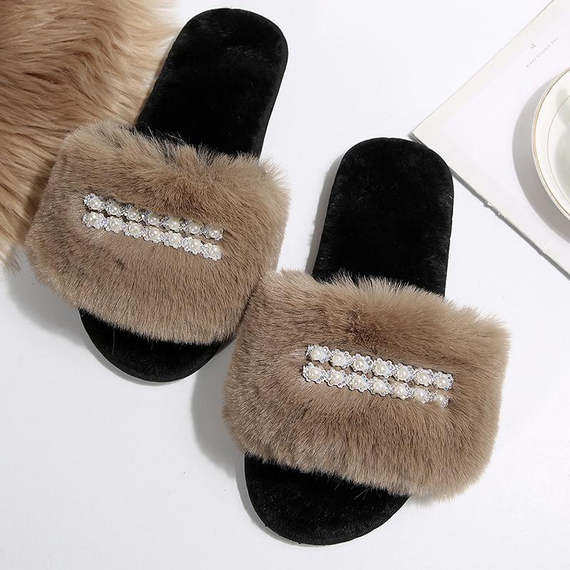 Autumn Winter Open Toe Fluffy Fur Slippers Women Pearls Decor Non Slip Plush Home Slides Woman Comfort Soft Sole Furry Slippers