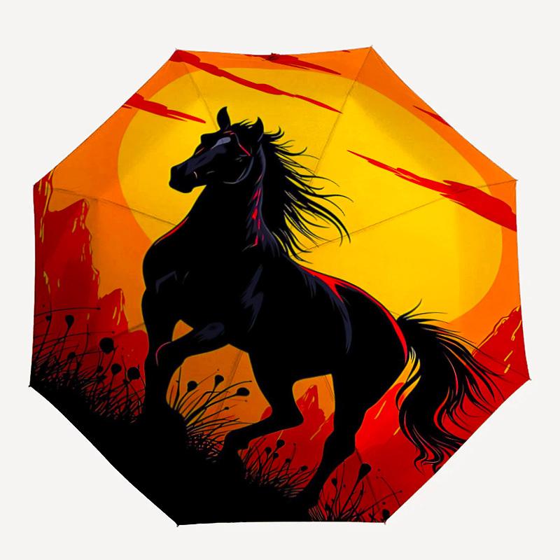 

1pc Horse Sunset Automatic Open/Close Umbrella, Portable Folding Umbrella for Travel, Themed Events070