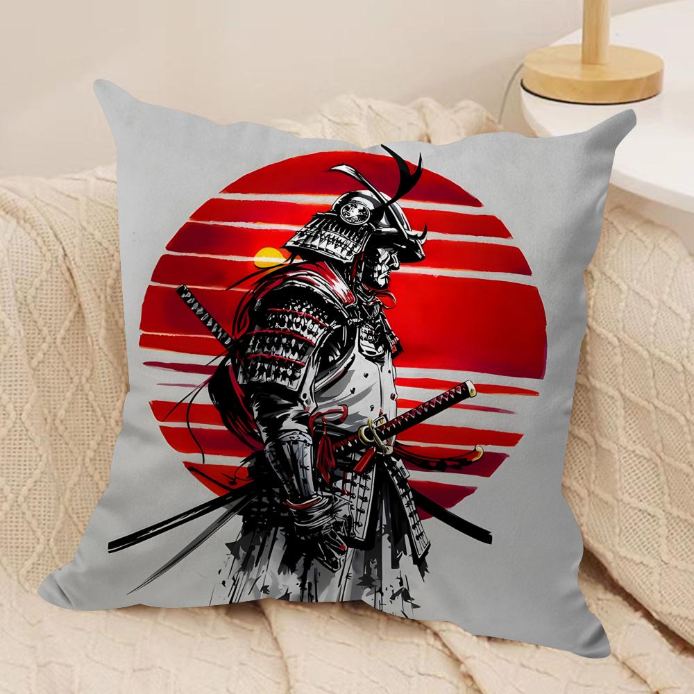 Japanese Style Ink Samurai Cushion Cover Silky Short Plush Invisible Zipper Dustproof Sofa Pillow Case for Home Decor