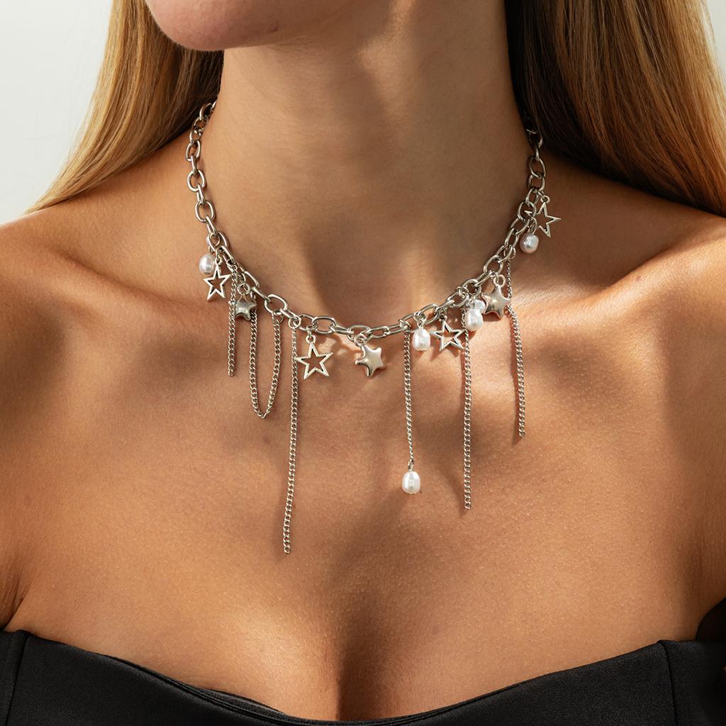 Shining Star Love Pendant Collarbone Chain Choker Light Luxury Imitation Pearl Chain Fringed Necklace