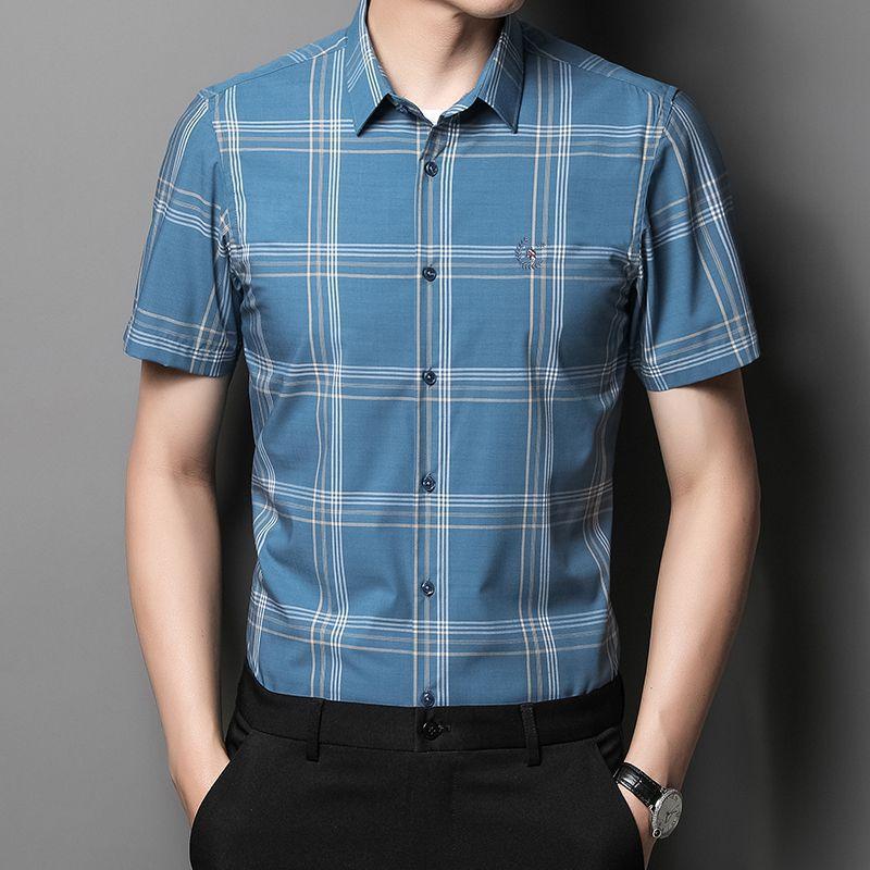 

Клетчатая рубашка, мужская повседневная мужская одежда с коротким рукавом, новая летняя модная свободная мужская рубашка среднего возраста L синий