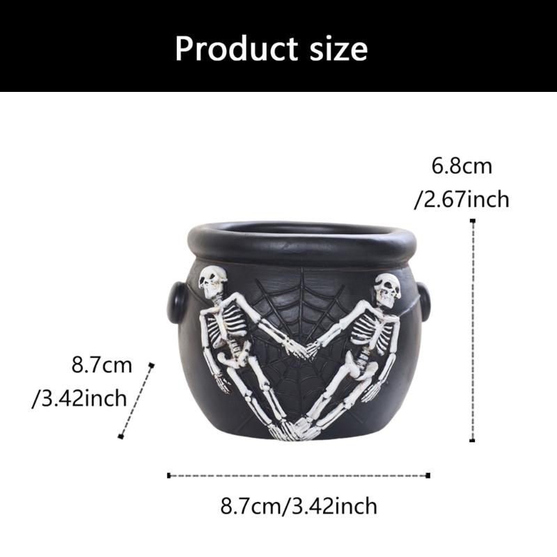 Spiderwebs Cauldron Plant Pot, Halloween Resins Skull Planter for Mini Succulents, Small Decorative Container for Desk Shelf and Windowsill Styling