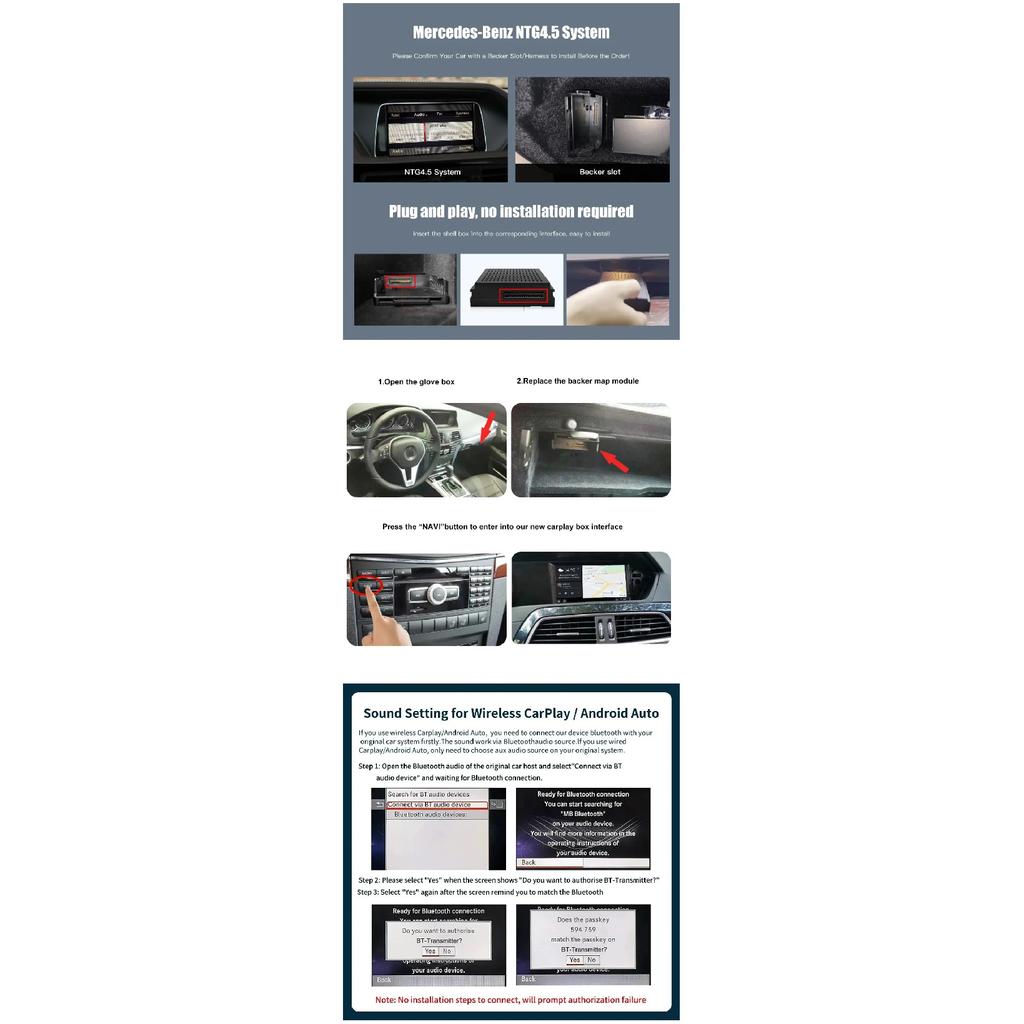 CARABC Wireless Carplay Suitable For Mercedes Benz A B C E CLA GLA GLK ML Sprinter NTG4.5 Becker Module Android Auto Navigation