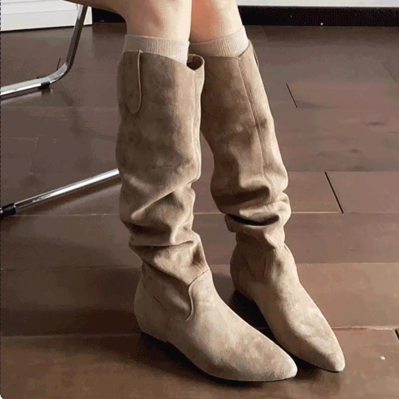 Long Boots Women Suede Heeled Shoes Designer Dress New Knee High Boots Woman 2025 Casual Goth Chelsea Botas Para Mujer