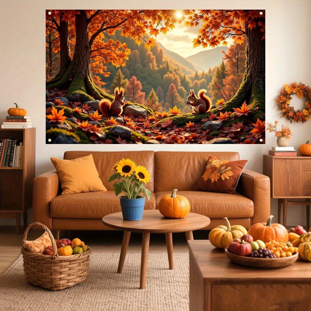 2D planar single-panel autumn welcome banner - The lively autumn theme features two squirrels and colorful leaves