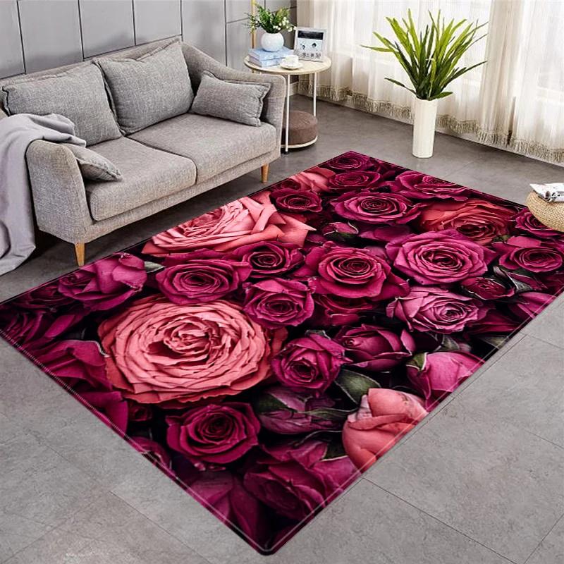 Rose Flower Non-Slip Kitchen Rug Carpet Doormat Cutlery Pattern Machine Washable Comfortable Perfect for Living Room Bedroom