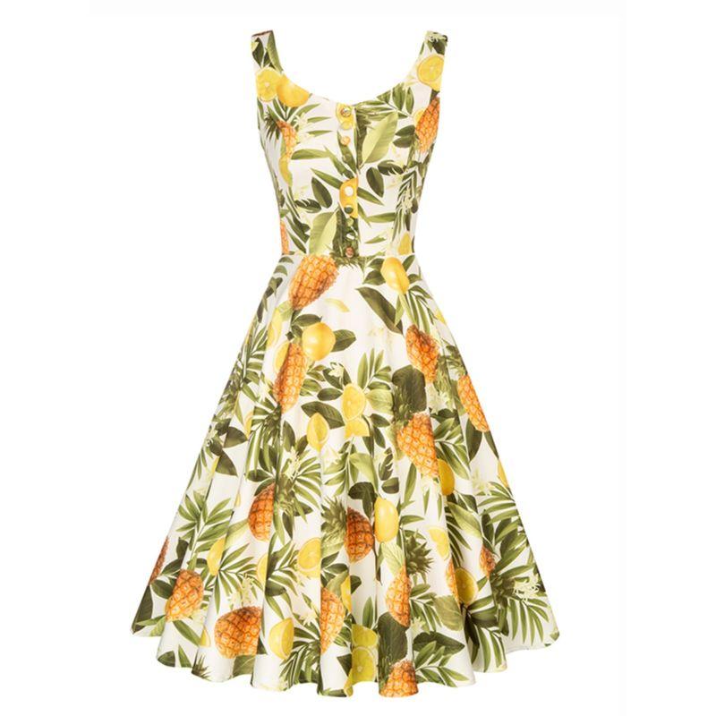 

Милое летнее ретро платье с U-образным вырезом, на одной пуговице, с принтом, приталенное, А-силуэта, с широким подолом, средней длины, длинное, без рукавов, на бретельках, женское 6281 turmeric S