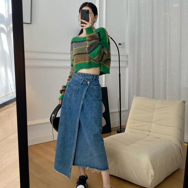 Autumn Short Knitted Sweater Tops Women Loose Clothes Winter Long Sleeve Pullover Sweaters Women Fashion Striped Knitwears 28946