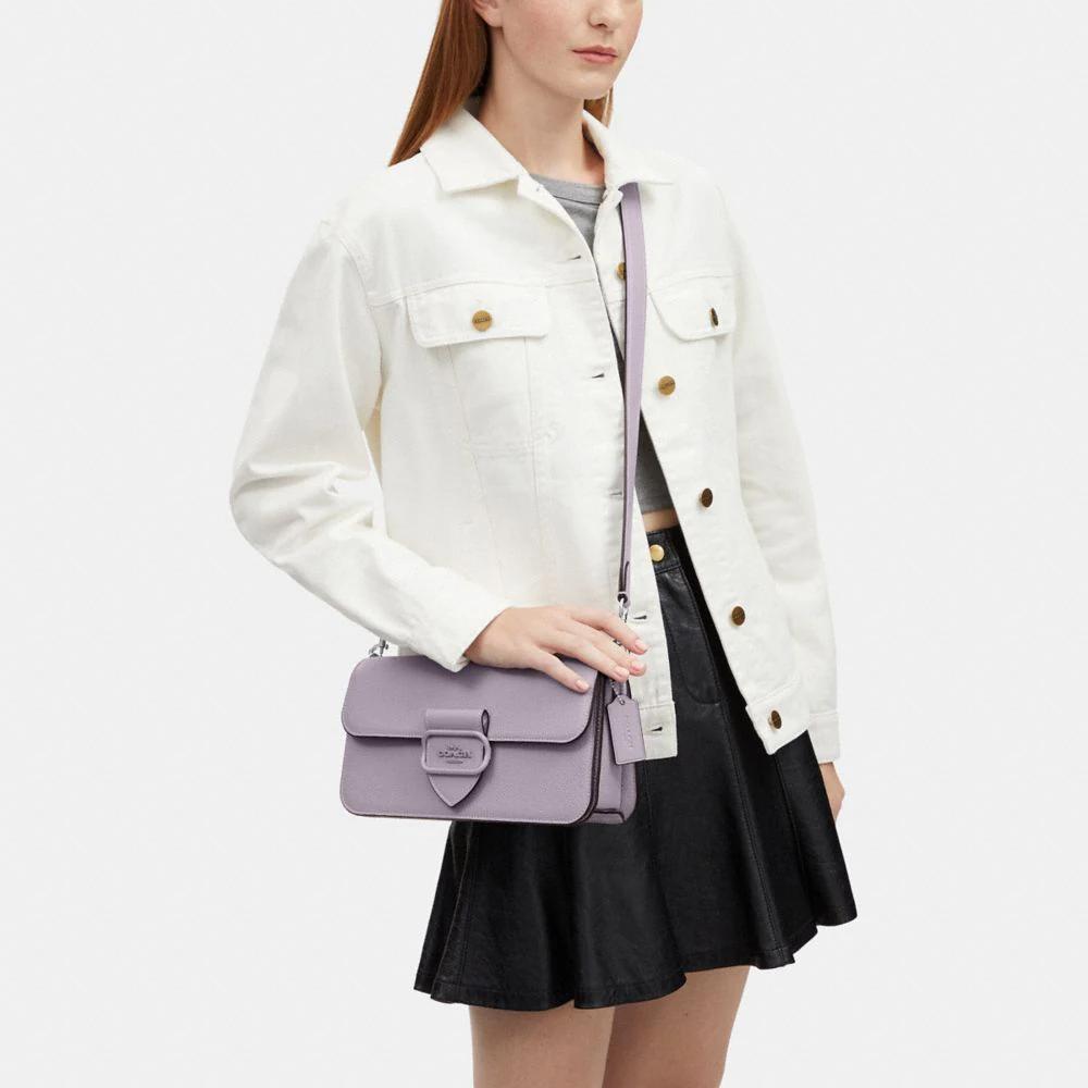 Coach Morgan 27 Solid Color Logo Woven Strap Pebbled Flap Snap Leather Baguette Handbag Women Handbag Purple CJ619-SVM4
