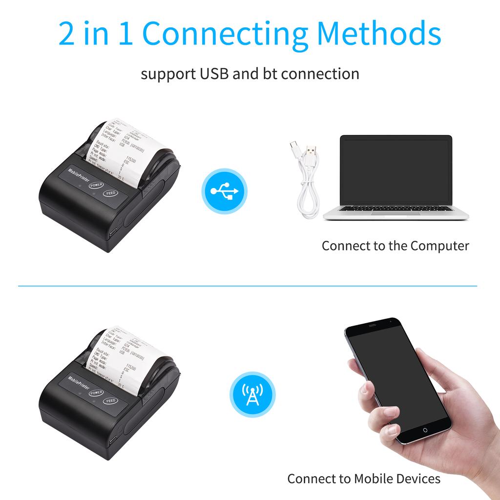 Mini Portable 2 Inch Thermal Printer 58mm Receipt Printer with 57mm Print Paper USB+Wireless BT Connection for Office