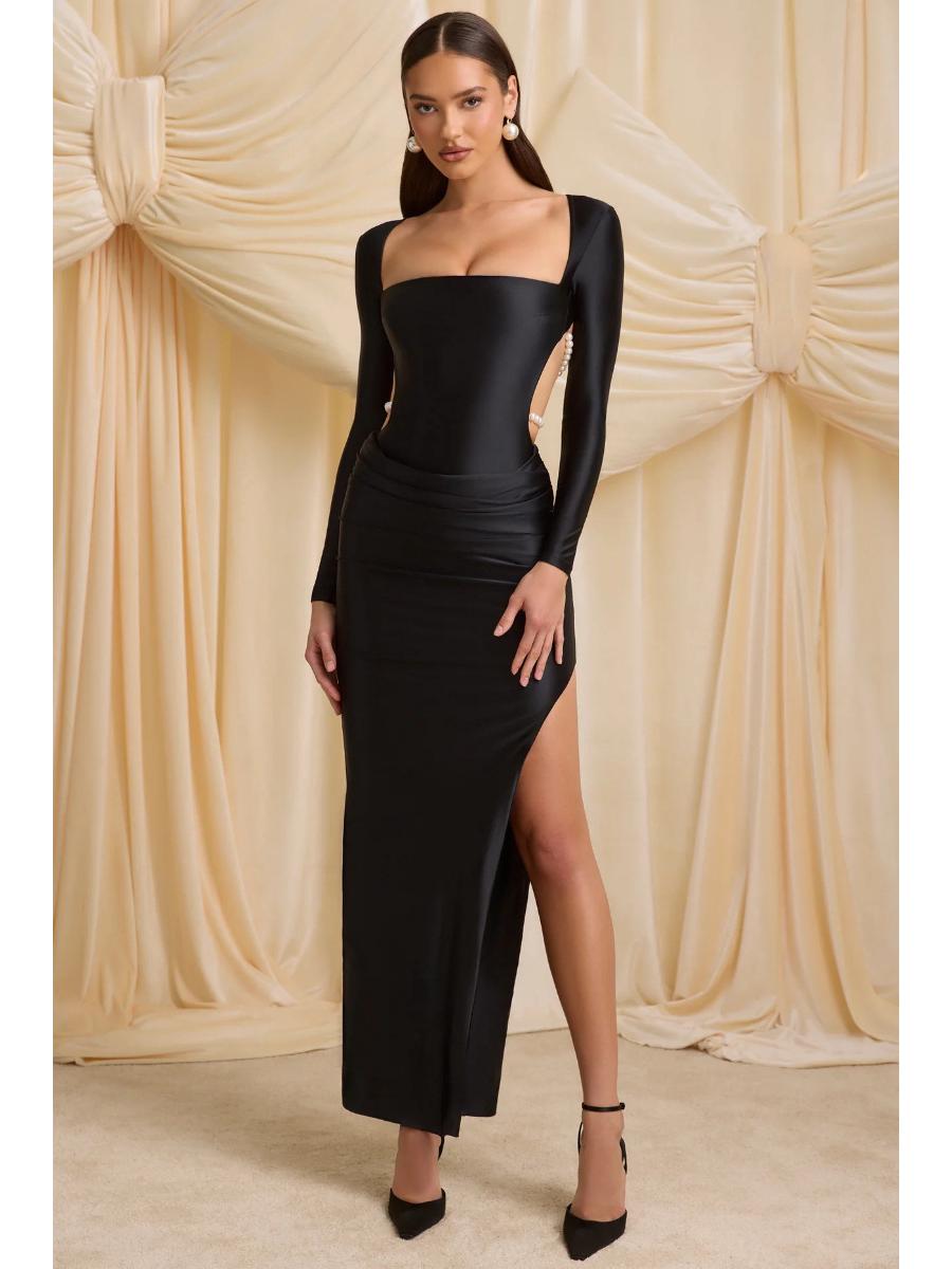 

Летнее европейско-американское платье с V-образным вырезом, разрезом и длинным рукавом, сексуальное, стройнящее, для женщин Small чёрный