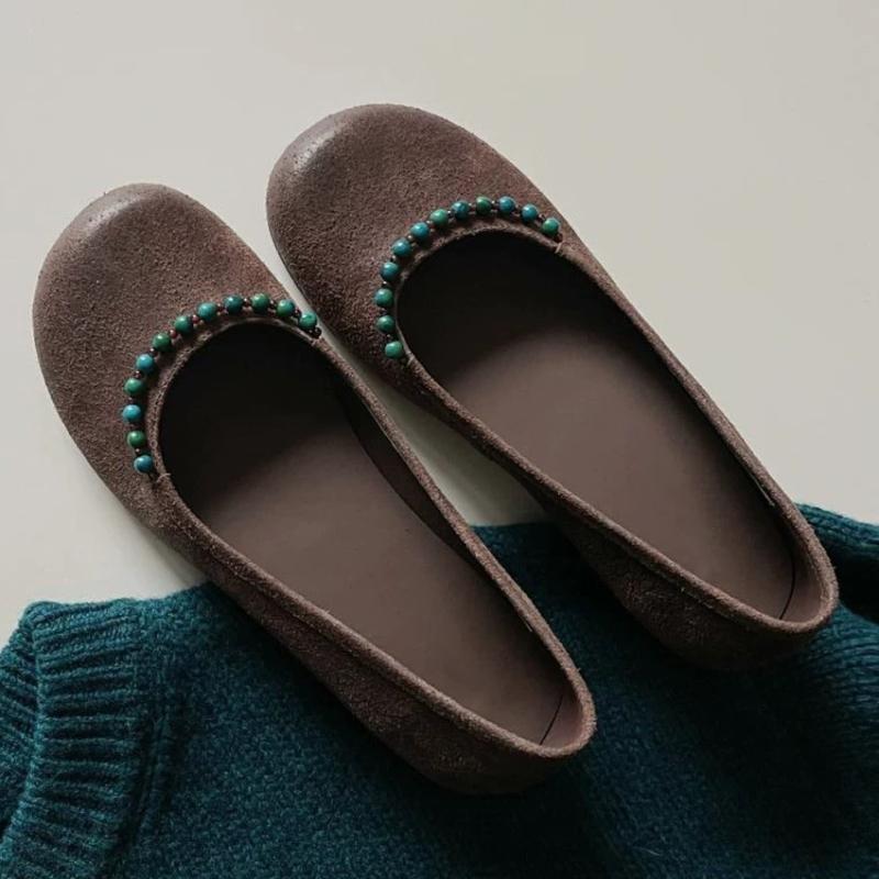 Fashion High Quality Faux Suede Round Toe Flat Sandals Women Vintage String Bead Shallow Flat Mary Jane Shoes Comfortable Ballet Flats