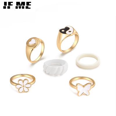 6τμχ/σετ Κομψό Λευκό Σετ Δαχτυλιδιών με Σταγόνες Λαδιού Δαχτυλίδια Πεταλούδας Τάι Τσι Αξεσουάρ Γυναικεία