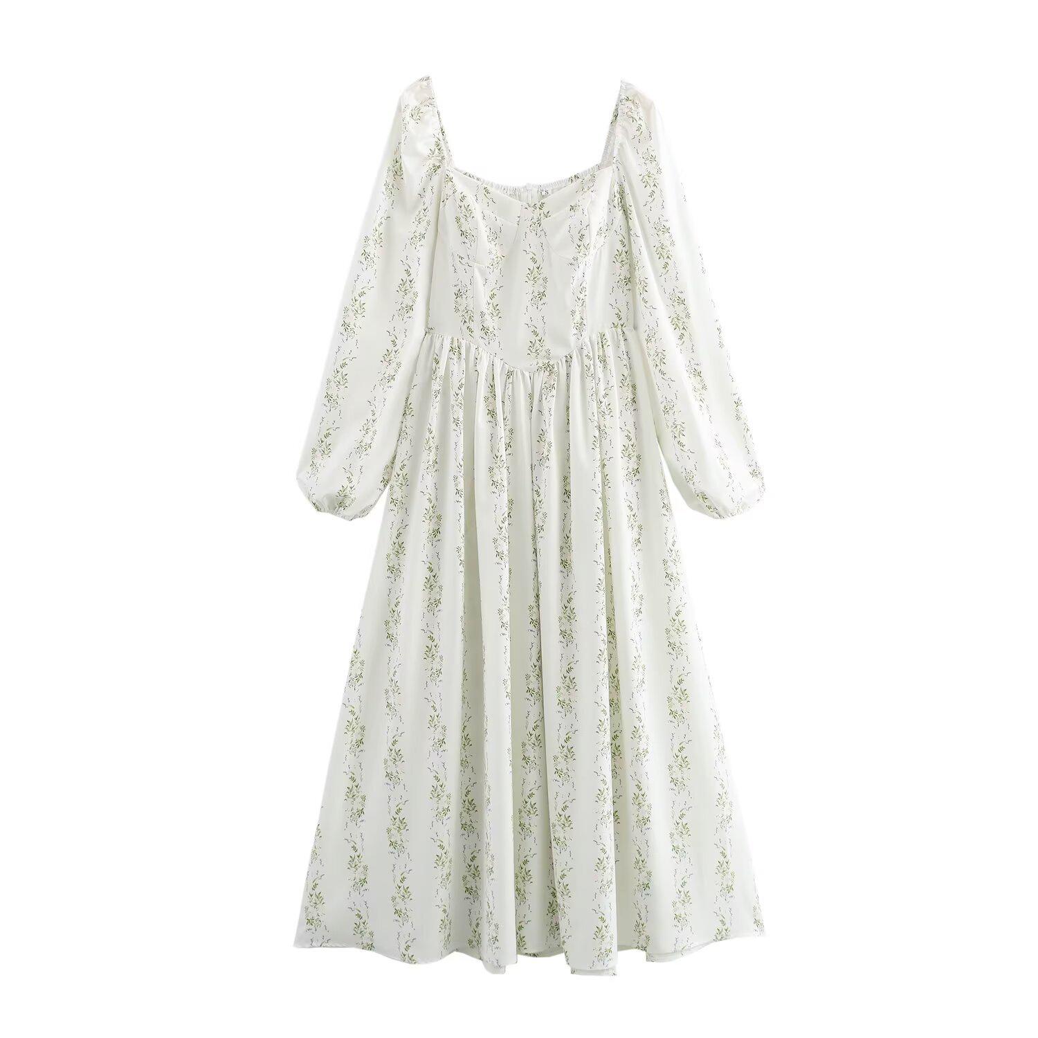 

2025 Весна Женское Европейский и Американский Стиль Повседневное Платье Макси с Принтом, Облегающее Талию Medium зелёный