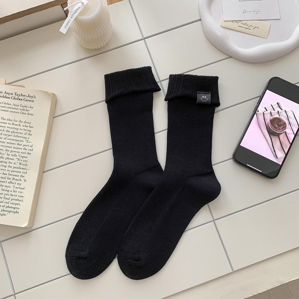Women's Mid-Calf Fold-Over Smile Socks - Korean Style, European Trendy Autumn Winter Simple Design