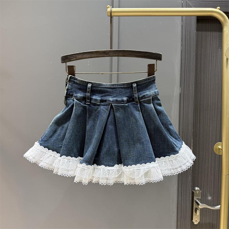 Retro Spice Girl Sexy Fluffy Short Skirt Women s Spring and Summer Lace Splicing High Waist Skinny A-Word Pleated Denim Skirt S темно-синий