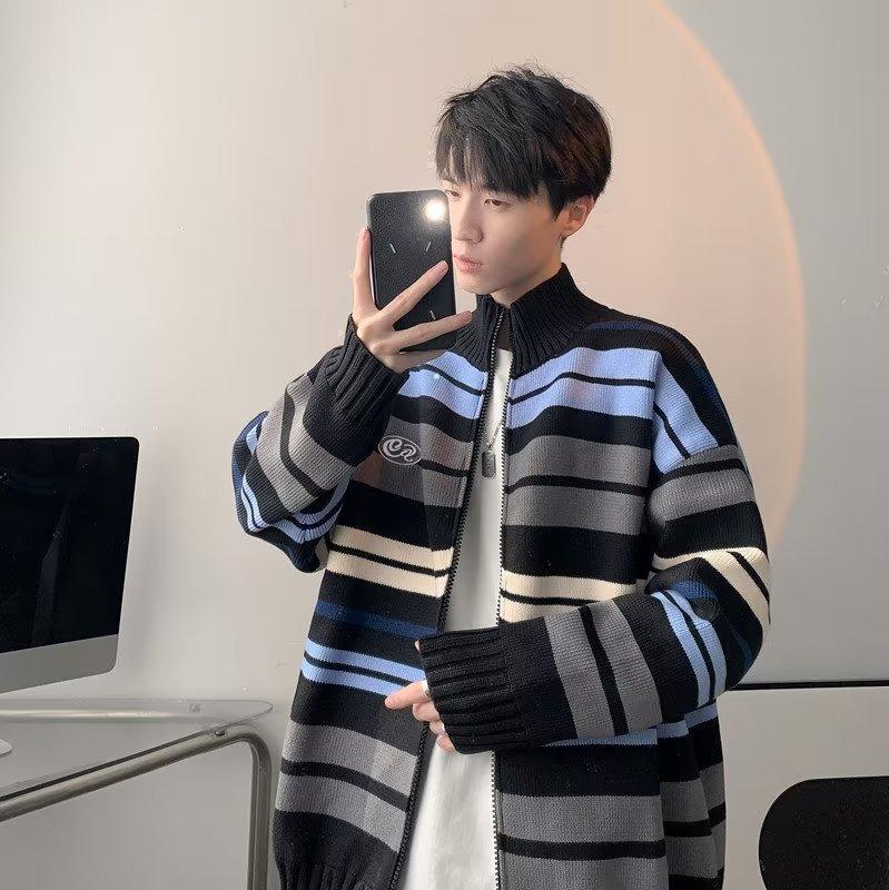 Striped stand-up neck cardigan sweater men's and women's trendy brand couple's knitted sweater loose autumn and winter lazy coat