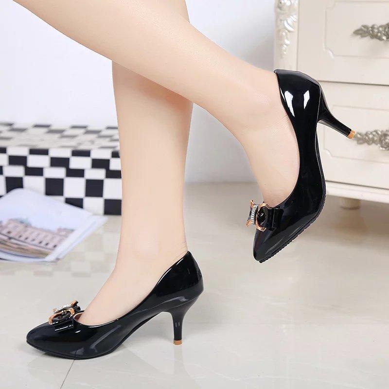 

Spring and autumn high heels shallow mouth women s single shoes sweet thin heels pointed bow Korean version professional four seasons work leather sh 35 чёрный