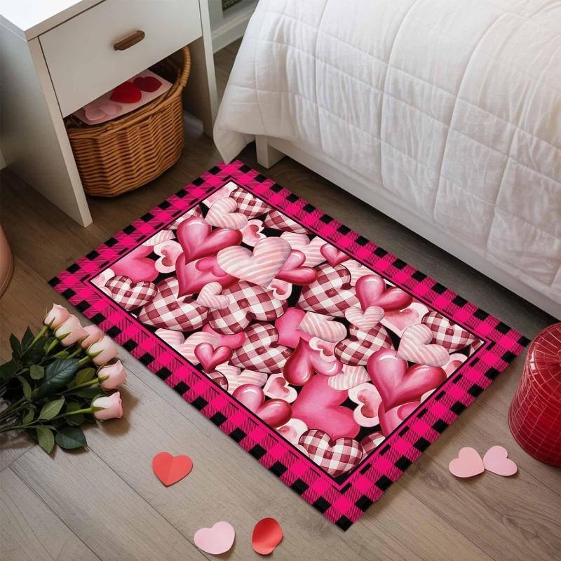 Pink Heart Door Mat Y2K Sweet Cute Plaid Heart Pattern Rug Non-slip Water Absorbent Home Decor Floor Mat for Valentine's Day