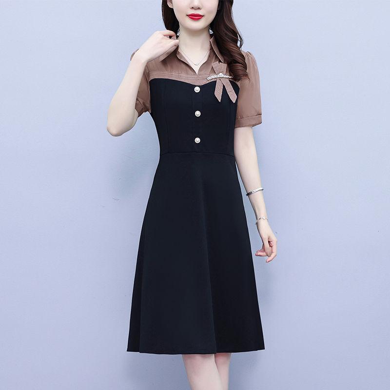 Summer Slimming Short Sleeve Dress with Pearl Splicing Youthful and Belly Covering
