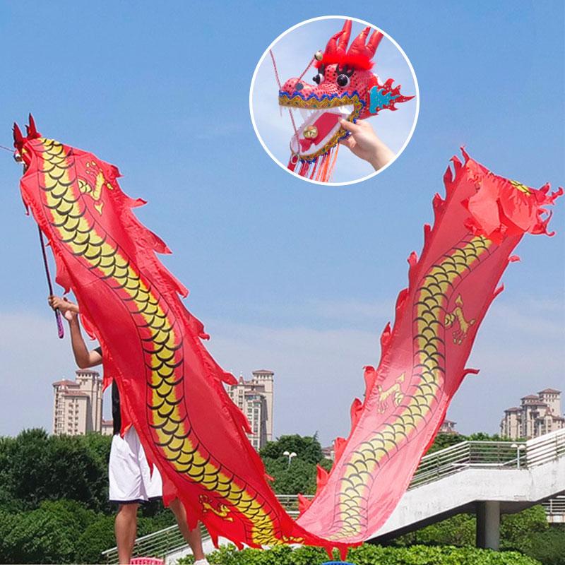 אביזרים ריקודי דרקון בסגנון סיני זנב דרקון ארוך במיוחד 6/8 מטר פסטיבל ראש השנה הסיני הופעה בכיכר אביזר תרגול מצחיק