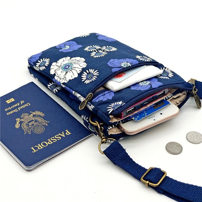 Japanese Floral Canvas Phone Crossbody Bag Women Multi Pocket Shoulder Bag Travel Passport Wallet Cell Phone Purse with Adjustable Strap