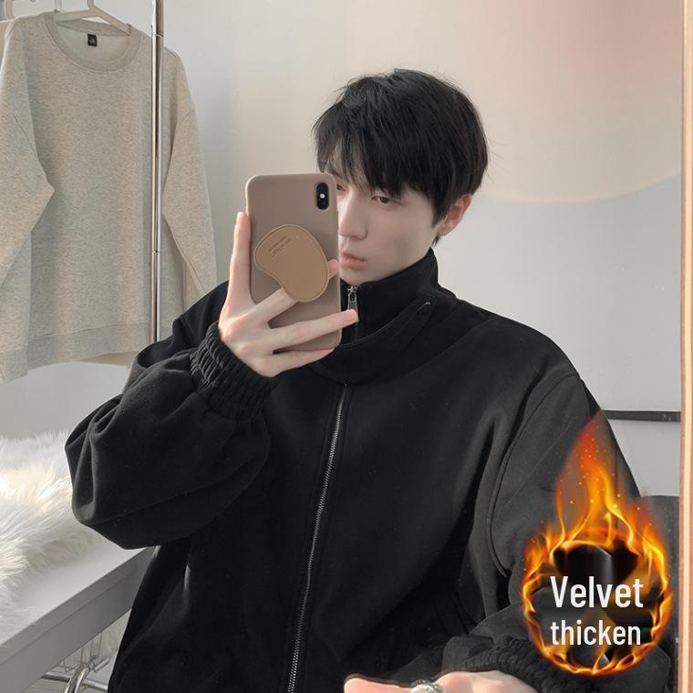 Men s American Retro Stand Collar Shoulder Pad Fleece Hoodie - Autumn/Winter Casual Loose Jacket XXL