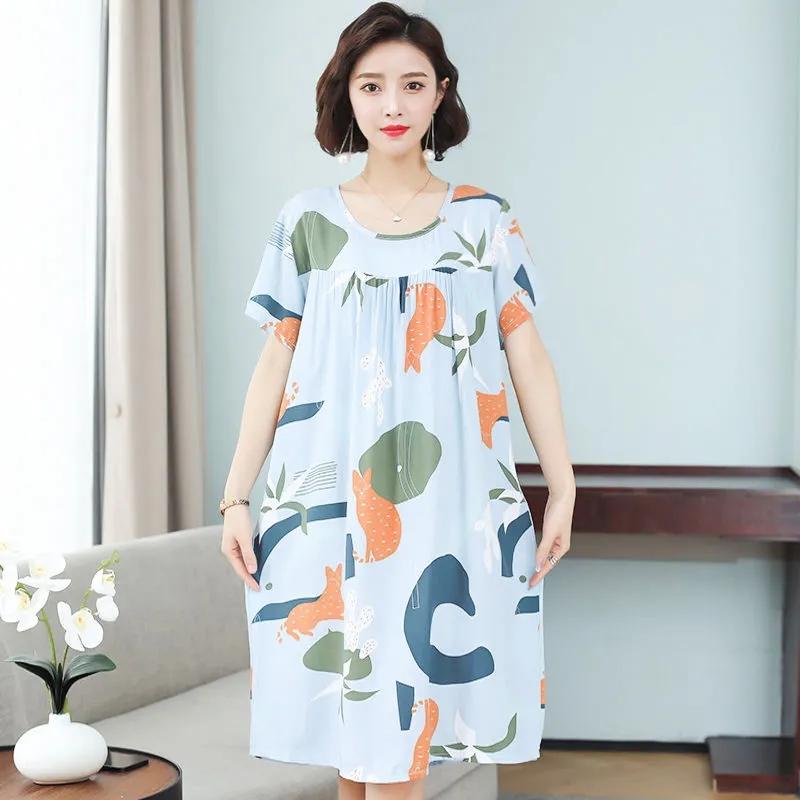 

Хлопковое шелковое платье. Женская летняя одежда с круглым вырезом и короткими рукавами. Большая юбка. Свободное платье. Хлопчатобумажная ткань, легкая, впитывающая пот и дышащая. 4XL 70-75kg синий