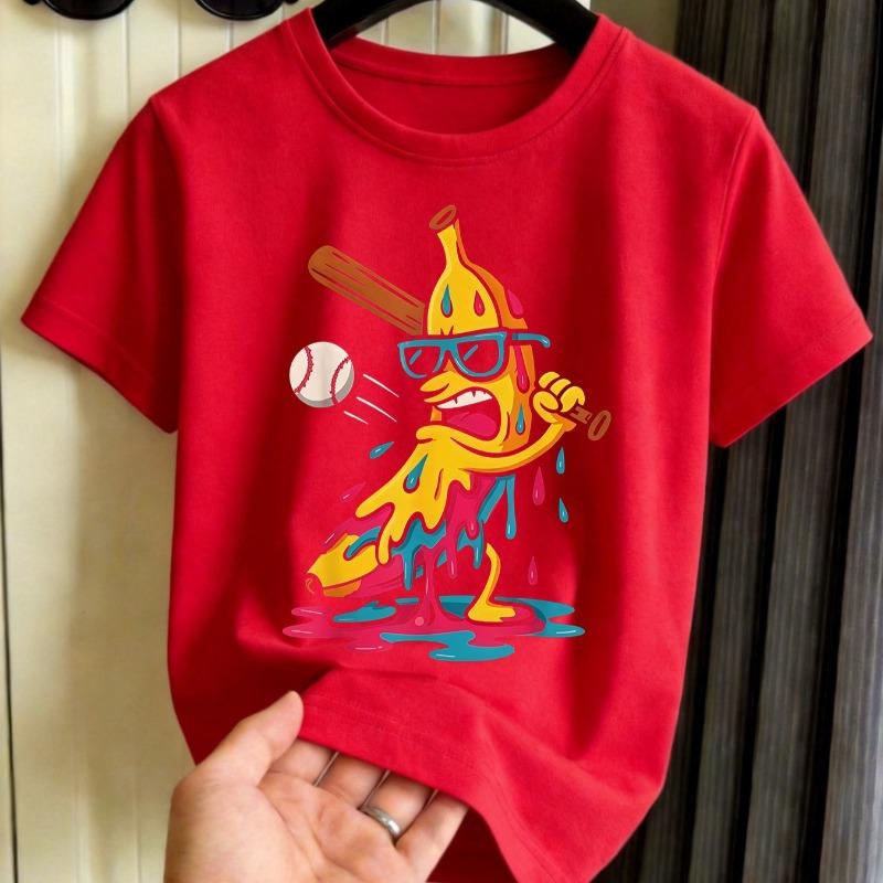 Boys Colorful Banana Baseball Print Crewneck Short Sleeve Tee,