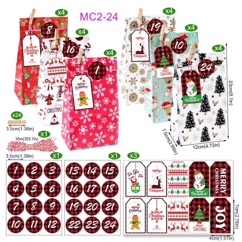 Christmas Advent Calendar Kraft Gift Bags Set - 24 Pieces