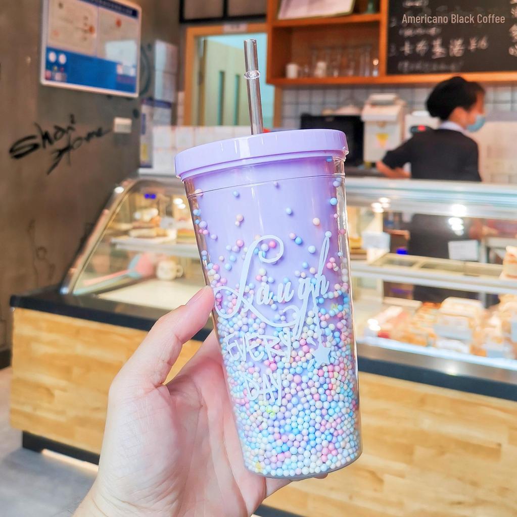 Korean Double-Layer Plastic Cup with Straw - Ideal for Breakfast, Juice, Milk, Home, or Office Use