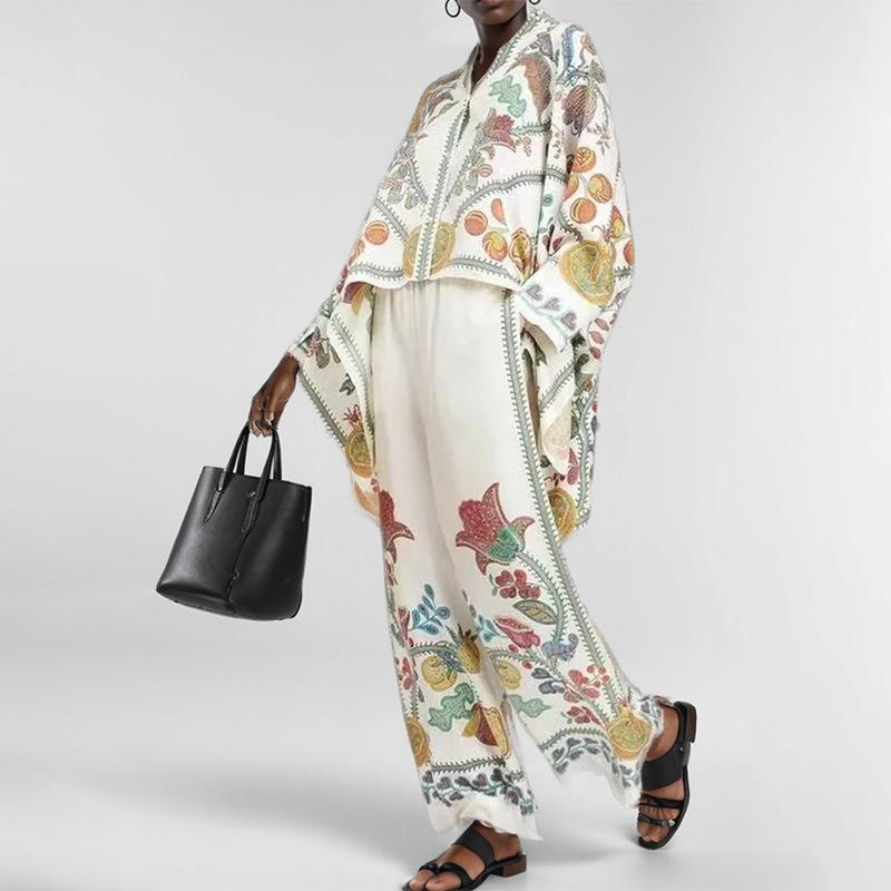 

Винтажные принты брюки комплекты женские нестандартные свободные рубашки с длинным рукавом широкие брюки комплект из двух предметов женская мода тренд уличная одежда S