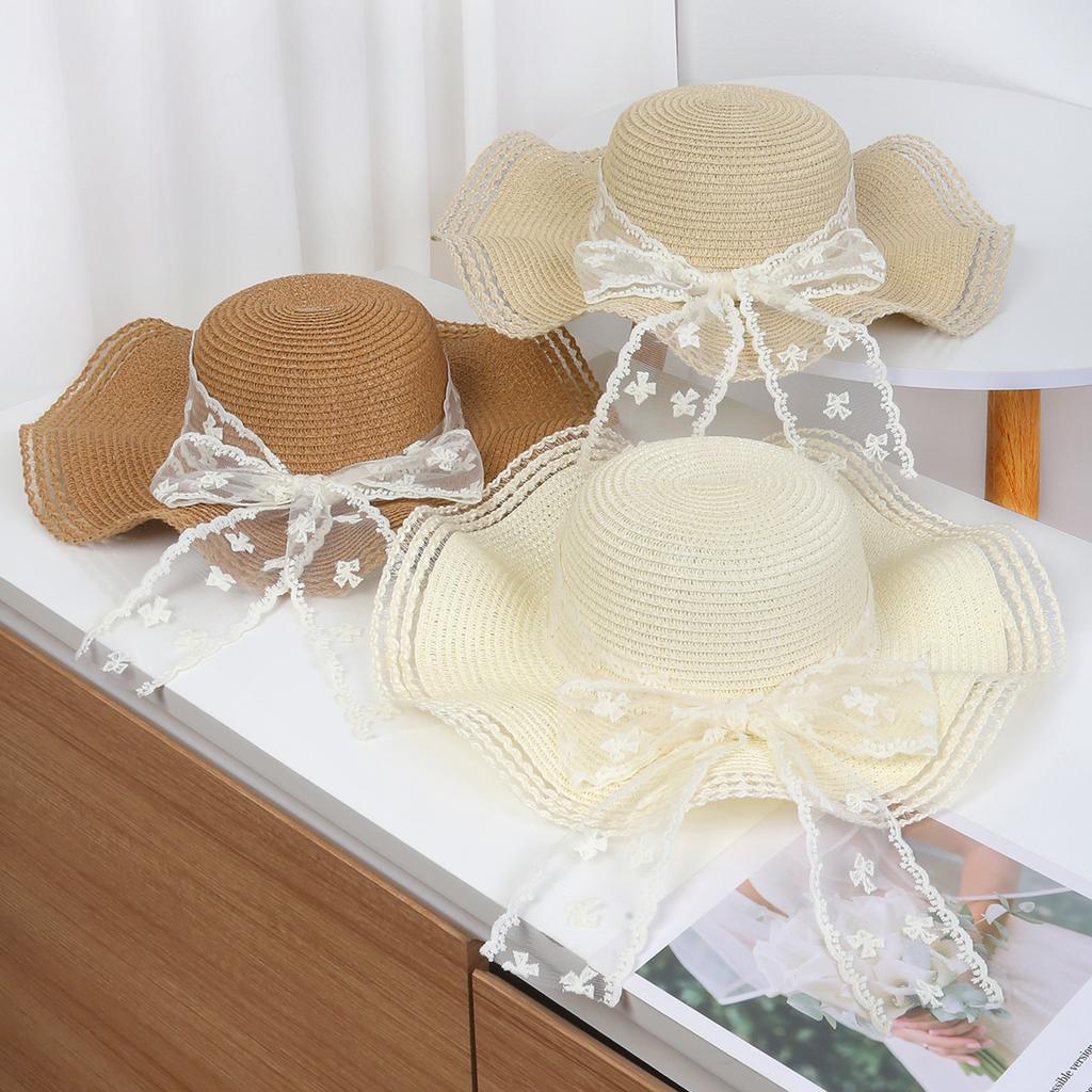New Spring and Summer Bow Ribbon Straw Hat for Women's Beach Outings, Wide-brimmed Face-enhancing Straw Hat, Sun-protective Sun Hat