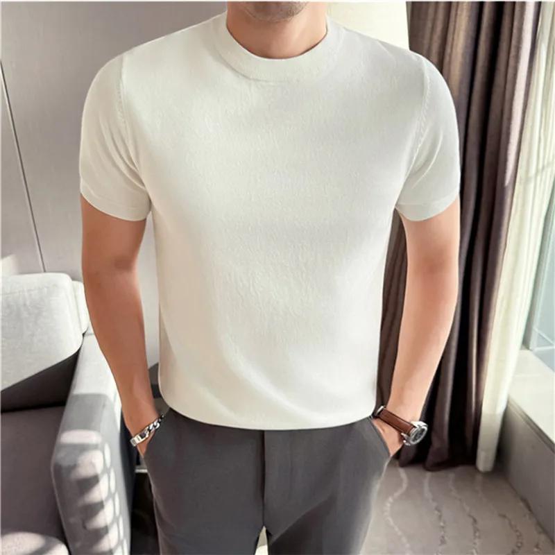 High Quality Solid Color Thick O-Neck Knitted T-Shirts Men Slim Fit Short Sleeve Knit Pullovers Korean Style Casual Tees Tops