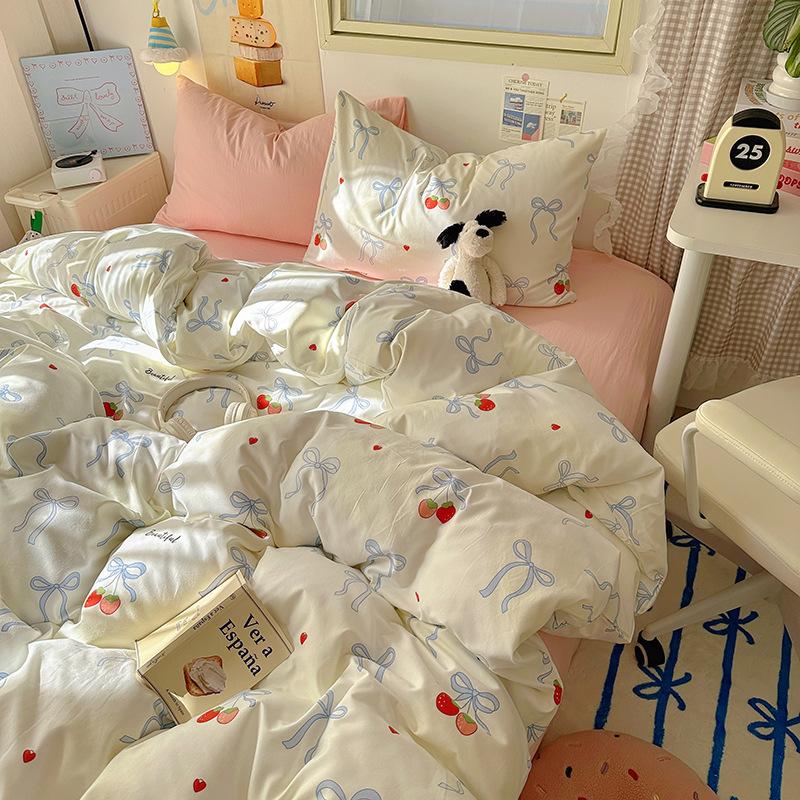 Cream Pure Cotton 4 Piece Bed Sheet Set Washable All Cotton Duvet Cover Pillowcase Class A 3 Piece Set Soft Comfortable Bedding