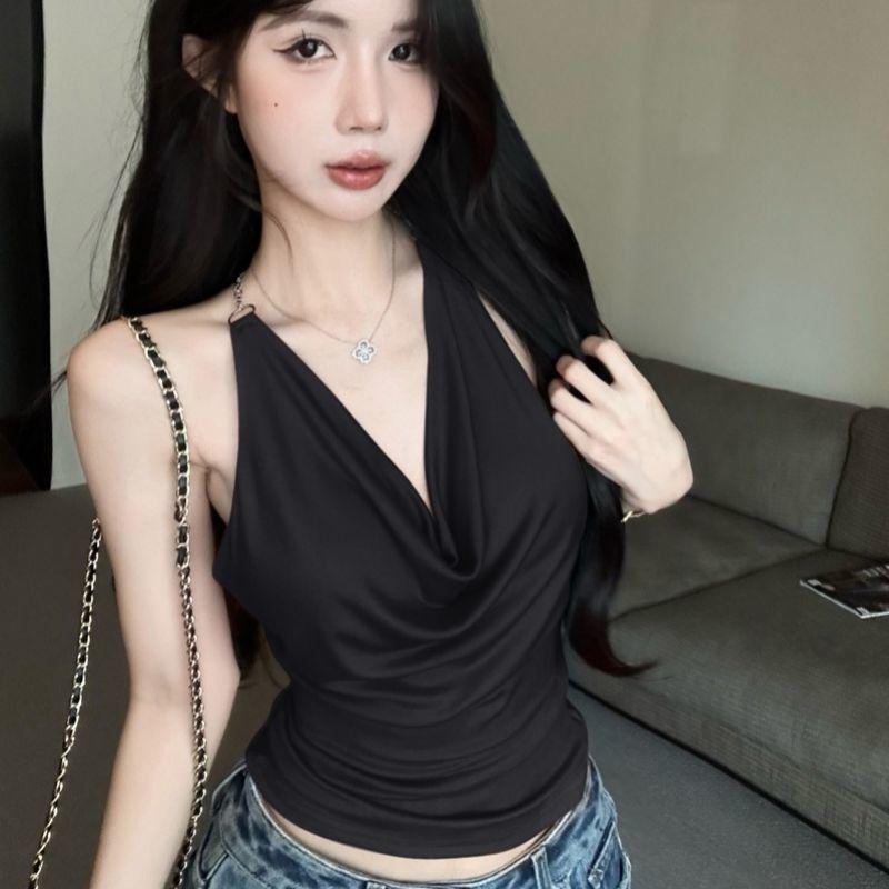 Летний сексуальный топ-халтер с открытой спиной, женская облегающая майка без рукавов, короткий внутренний топ S чёрный