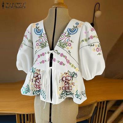 Damen Schnür-V-Ausschnitt Halbarm Lässiger Print Überwurf Bluse